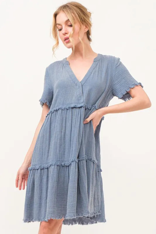 Washed Frayed Detail Tiered Dress