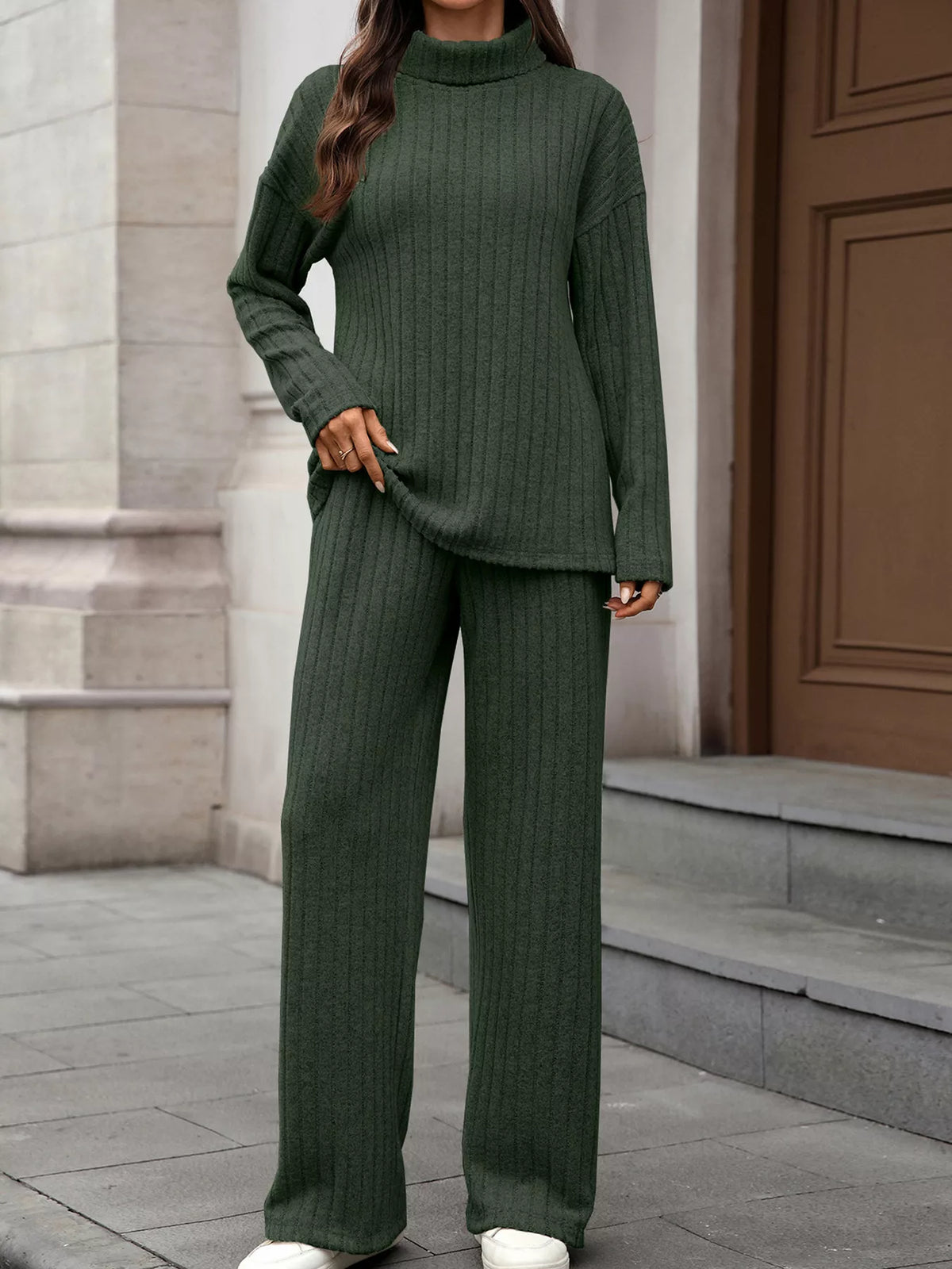 Ribbed turtleneck top and pants set hem detail view