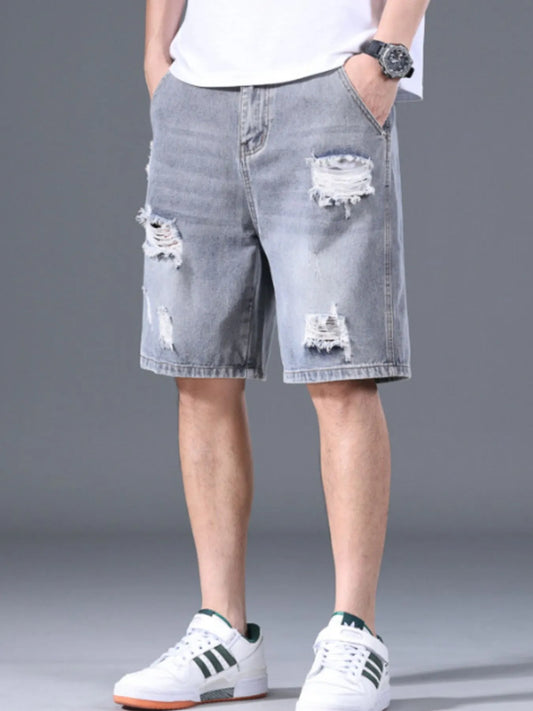 Men's Distressed Denim Shorts with Ripped Details - Fashorio