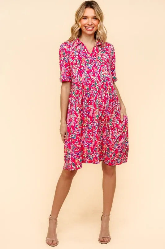 Johnny Collar Babydoll Dress with Pockets in Fuchsia close up