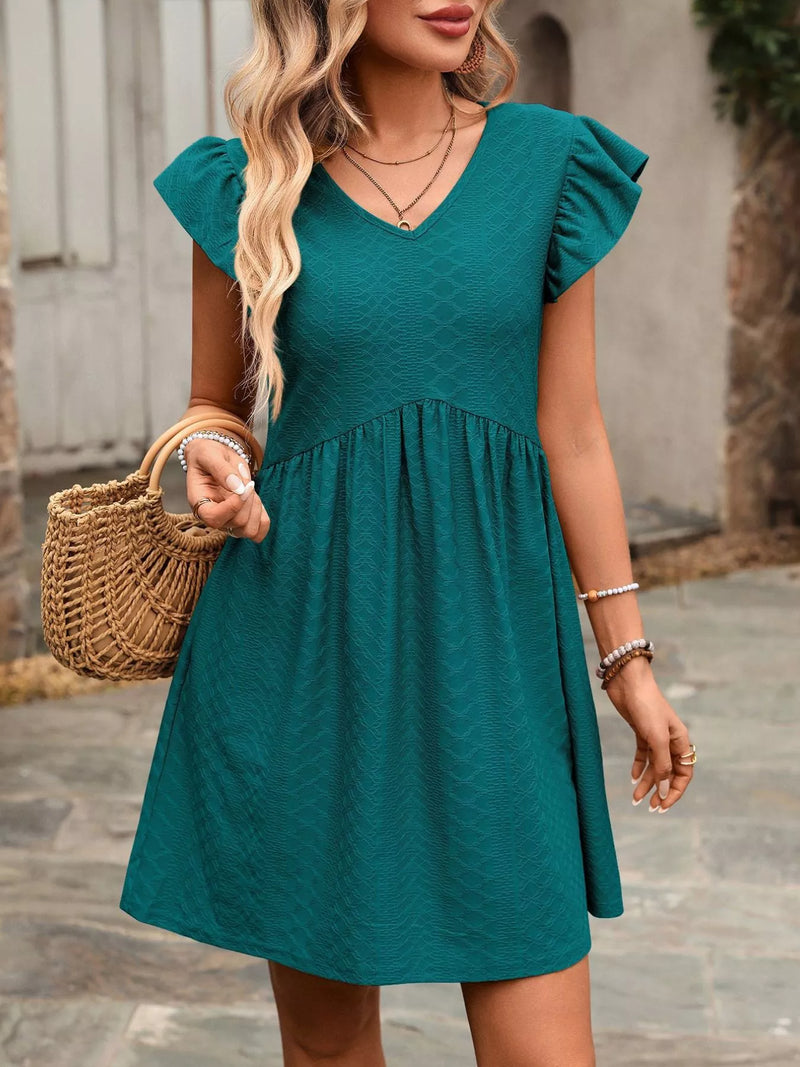 V neck ruffle sleeve A line mini dress with pockets front view