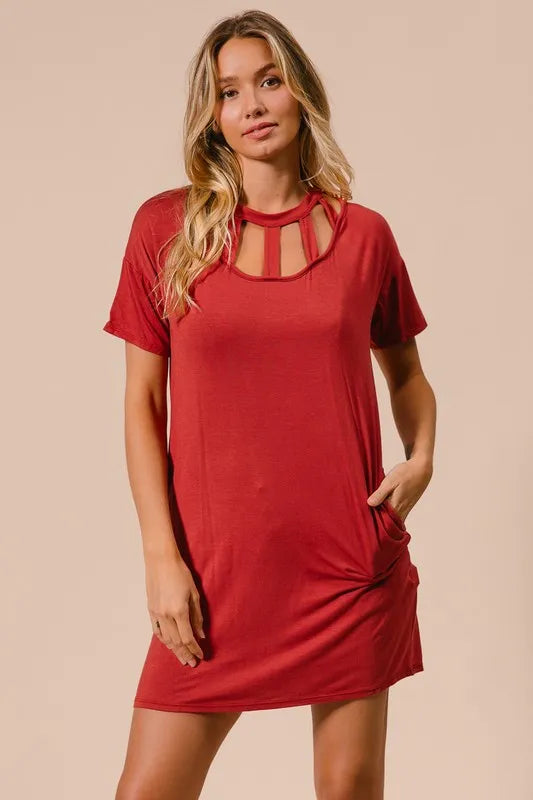 Front Cut Out Tee Mini Dress in Ginger side view