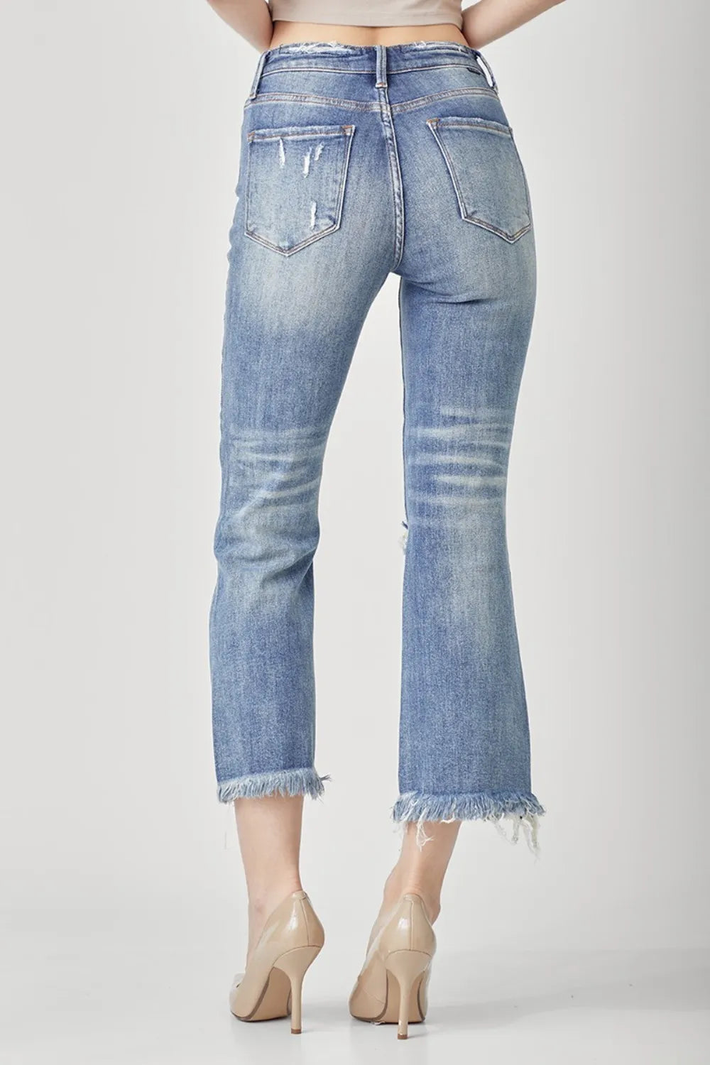 RISEN cropped bootcut jeans side view showing flared leg