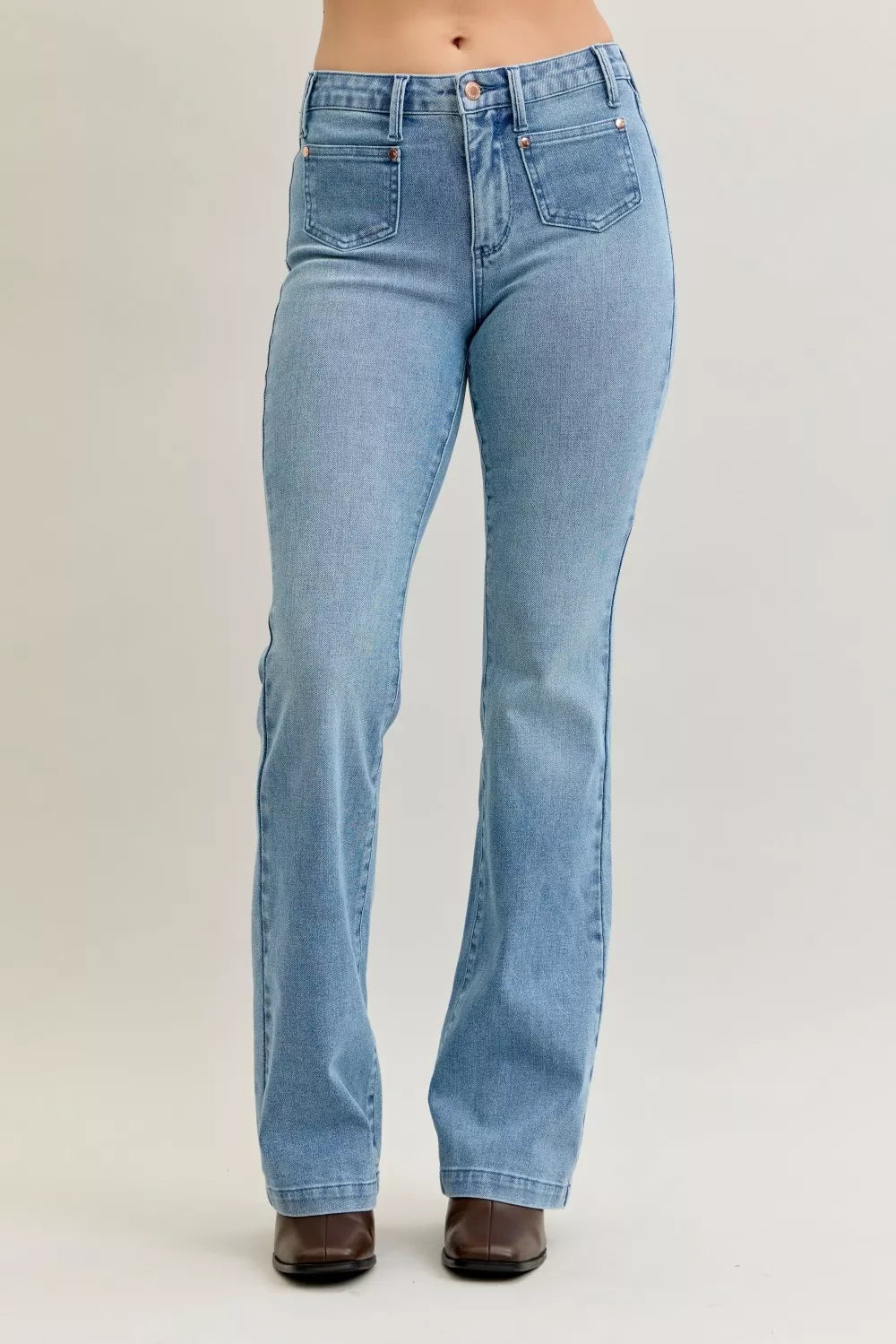 Judy Blue mid rise contrast wash bootcut jeans front view
