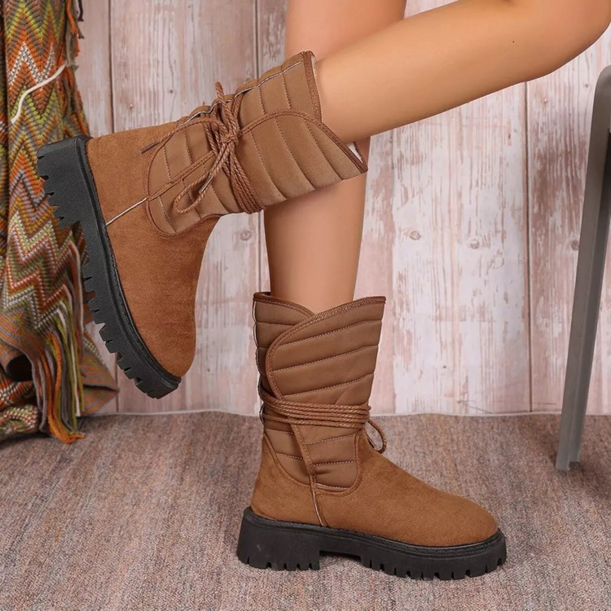 Quilted lace up mid calf boots full length view