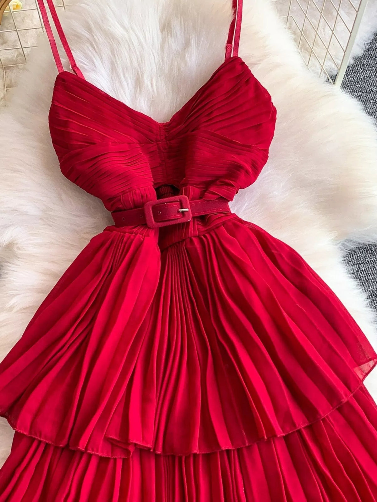 Pleated layered spaghetti strap midi dress fabric and trim detail