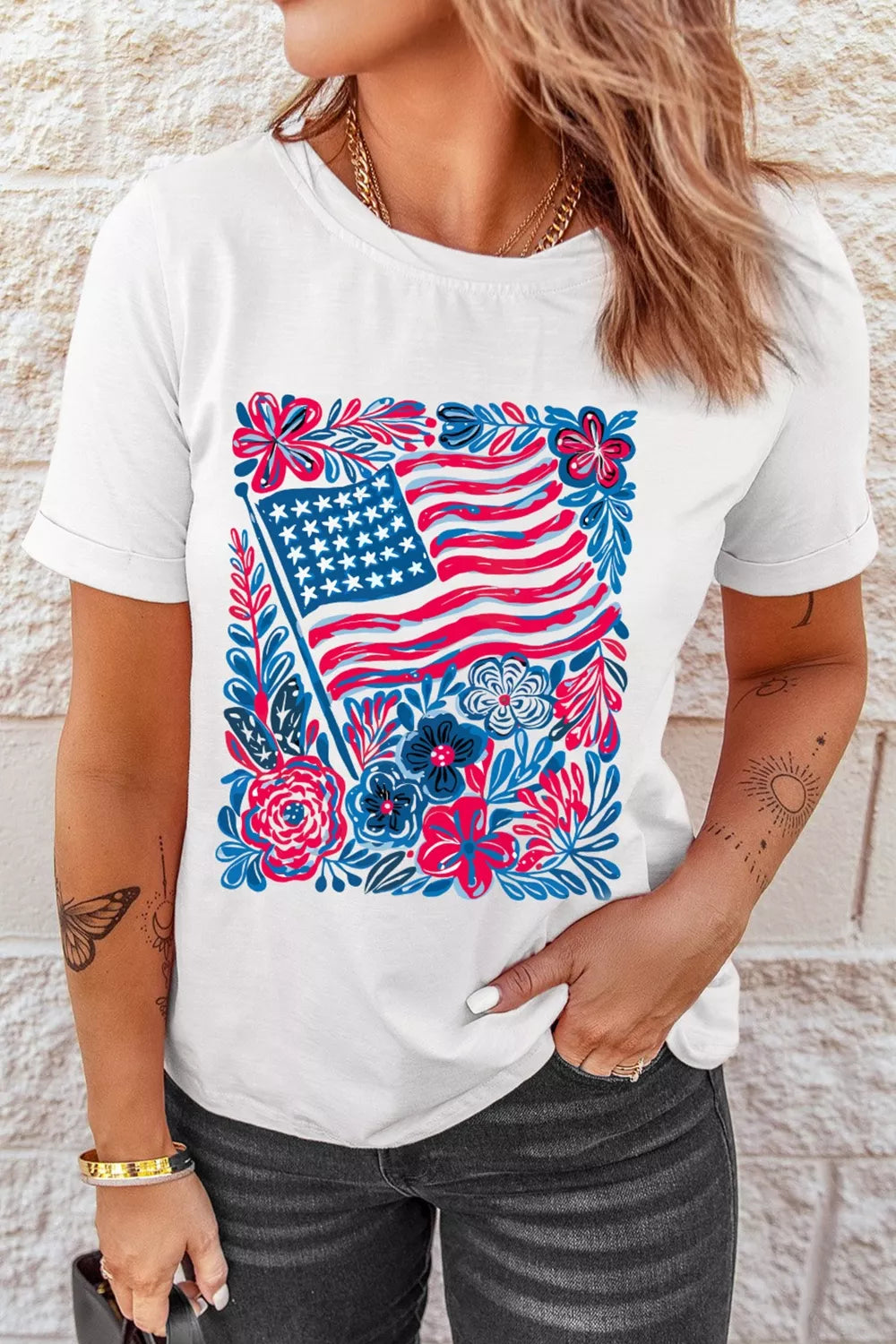 White floral flag patriotic graphic tee fabric detail