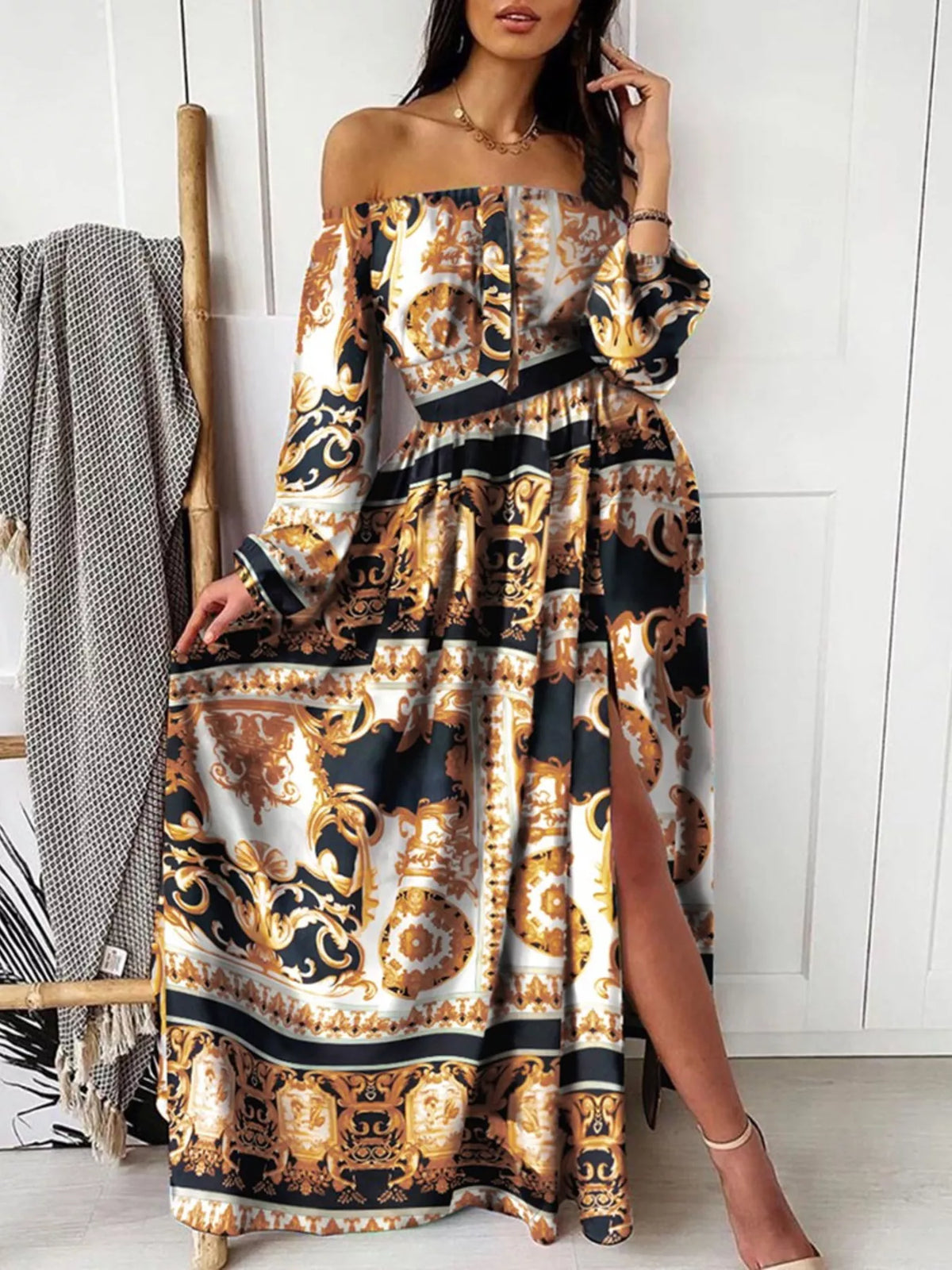 Back view of the printed maxi dress with zipper closure