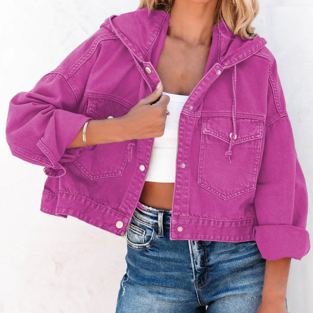 Hooded Dropped Shoulder Denim Jacket Fuchsia - Fashorio