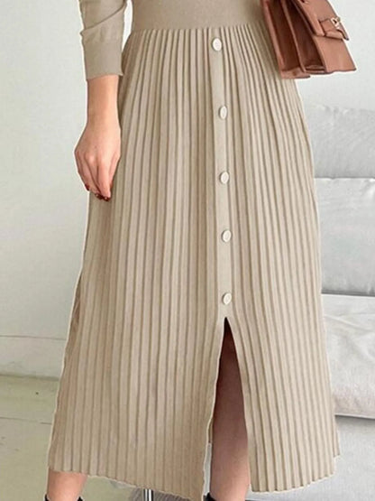 Slit Front Mock Neck Long Sleeve Knit Dress - Fashorio