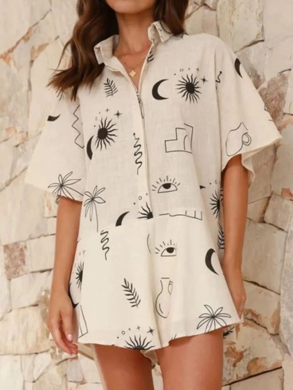 Collared romper print fabric close up