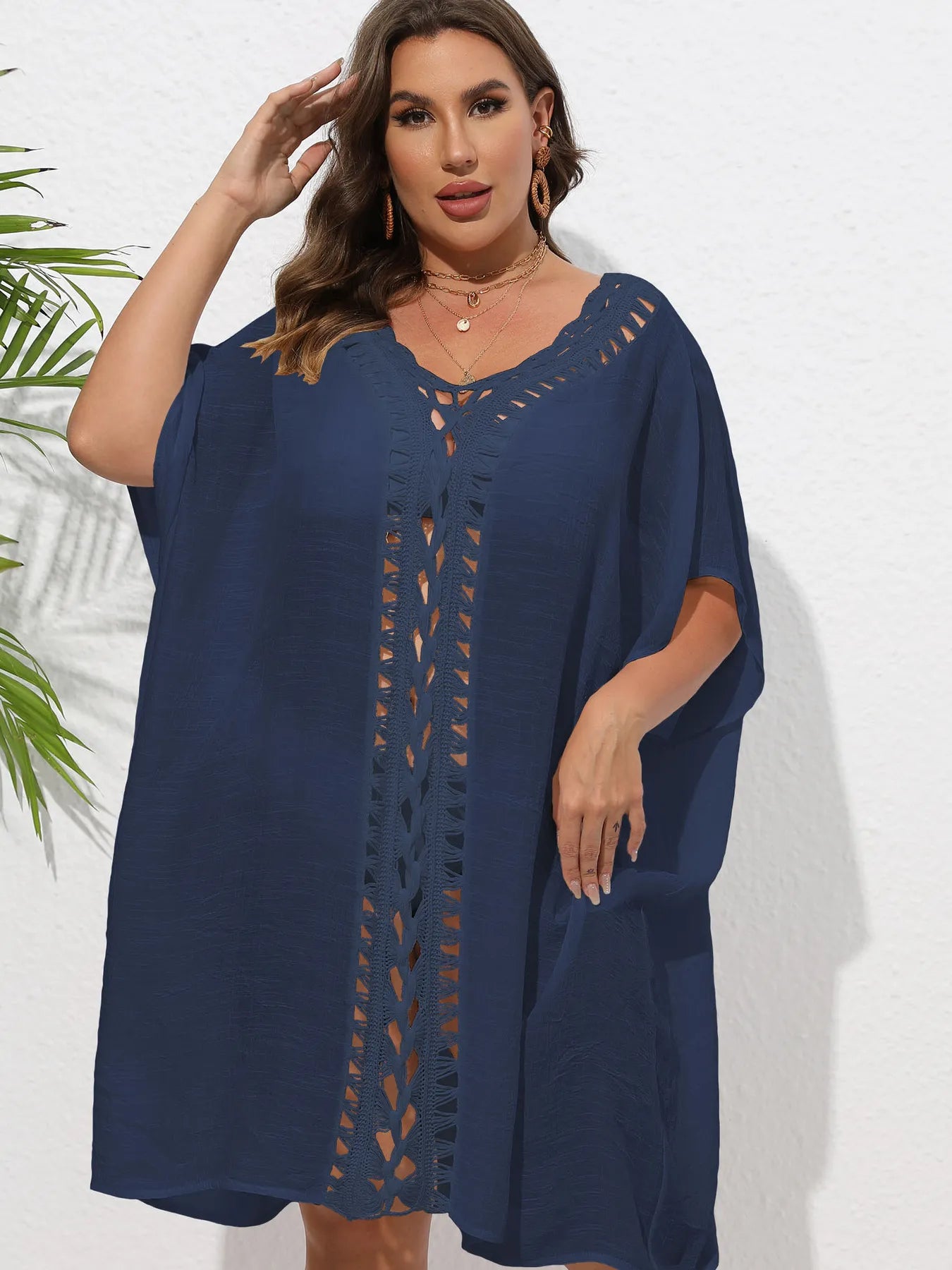 Crochet Trim V-Neck Beach Cover Up Dress - Fashorio