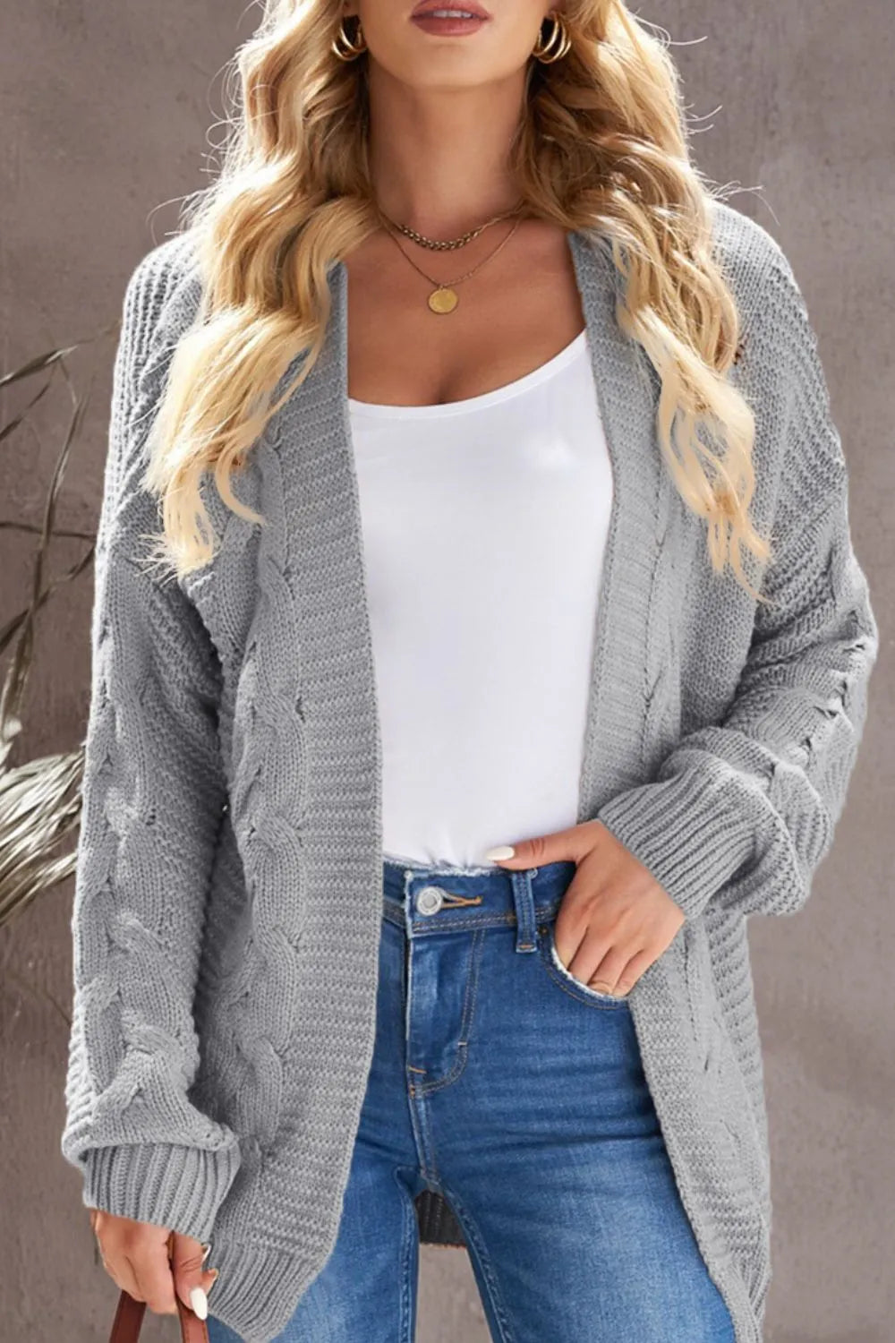 Cable-Knit Open Front Cardigan Gray - Fashorio