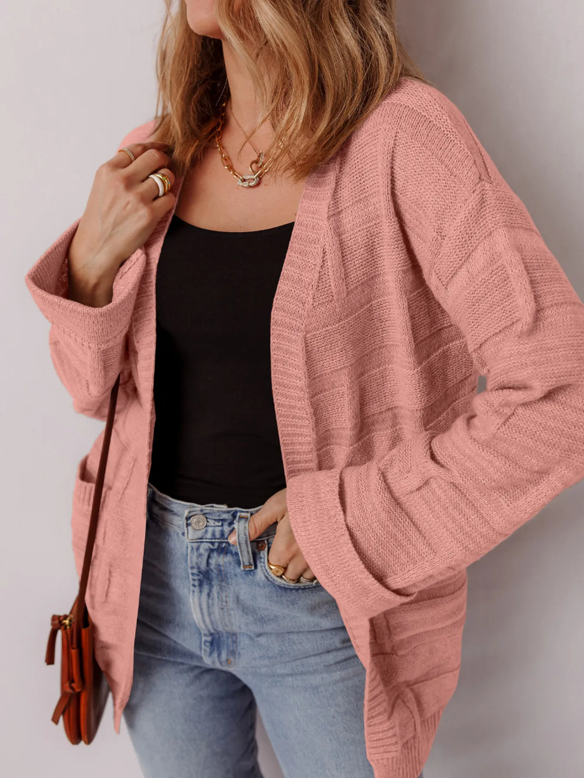 textured knit open front cardigan with pockets fabric and knit detail