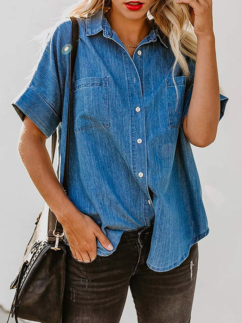 denim short sleeve button front shirt front view