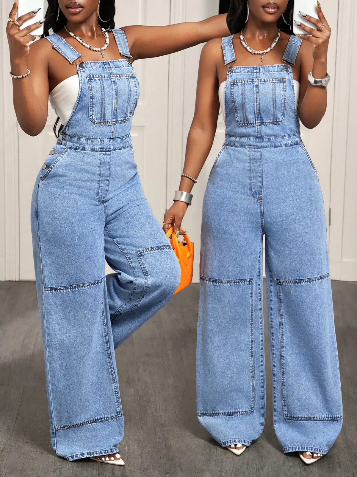 Blue wide strap wide leg denim overalls front view