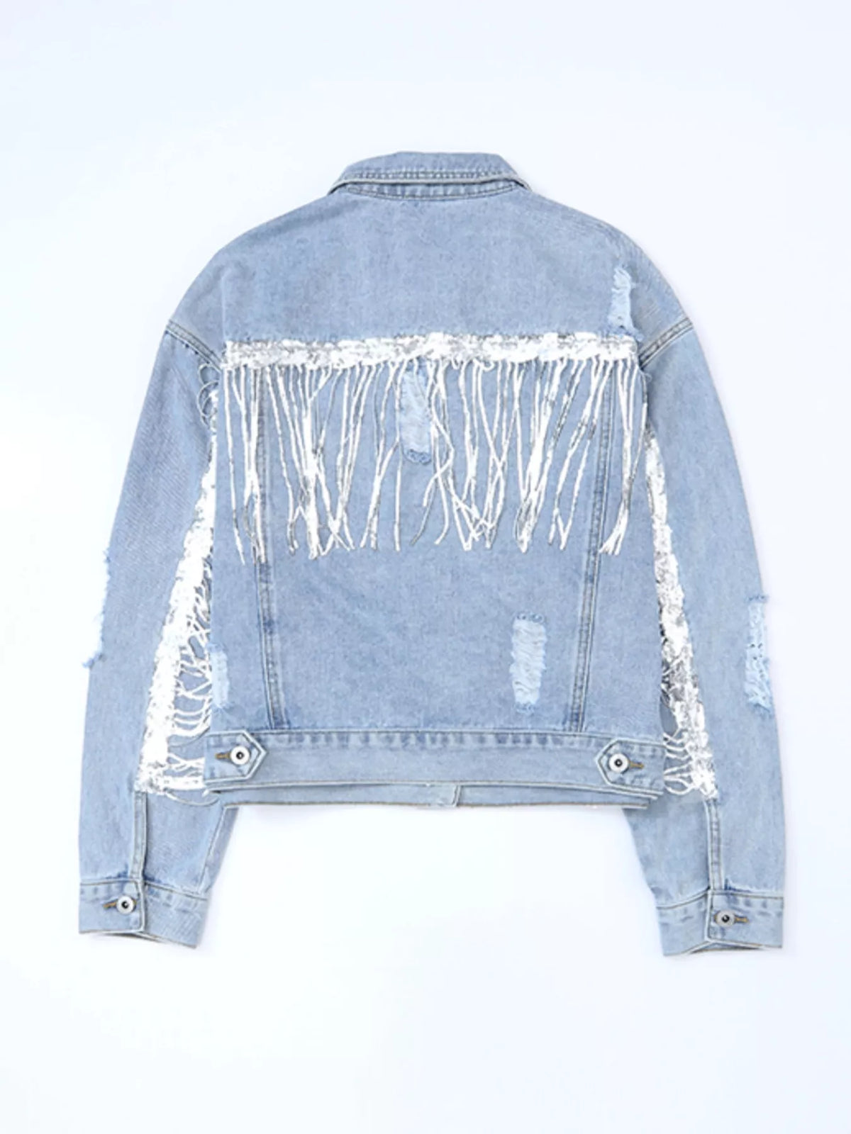Fringed Sequin Denim Jacket in Light Blue close up