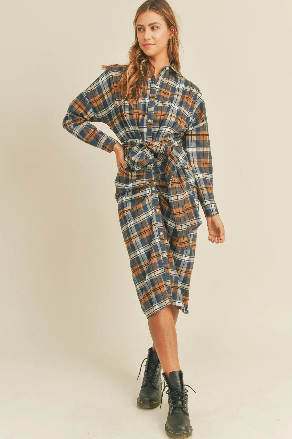 Plaid Flannel Front Tie Button Down Shirt Dress detail