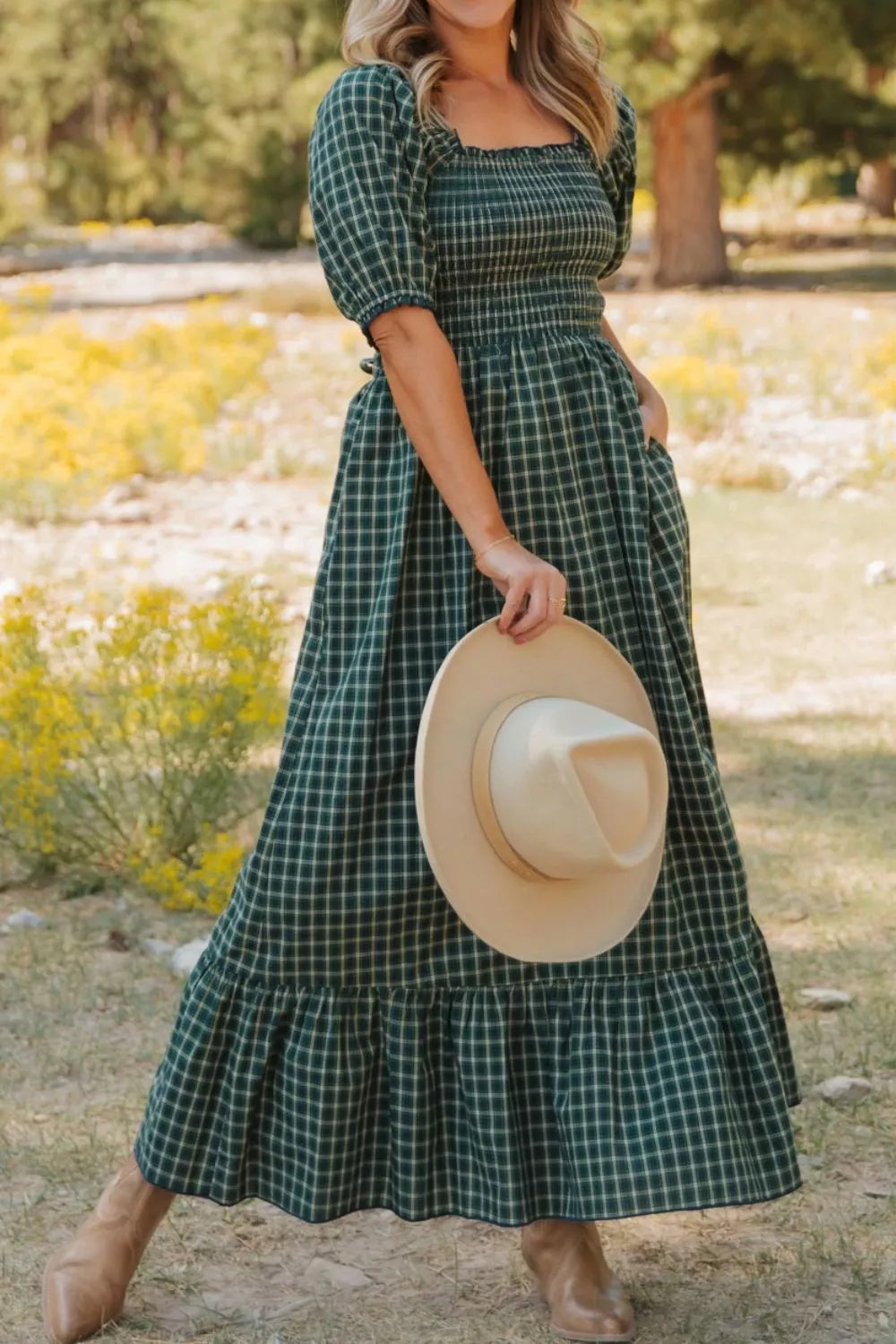 Plaid maxi dress in black forest with square neckline