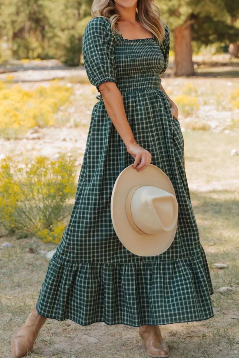 Plaid maxi dress in black forest with square neckline