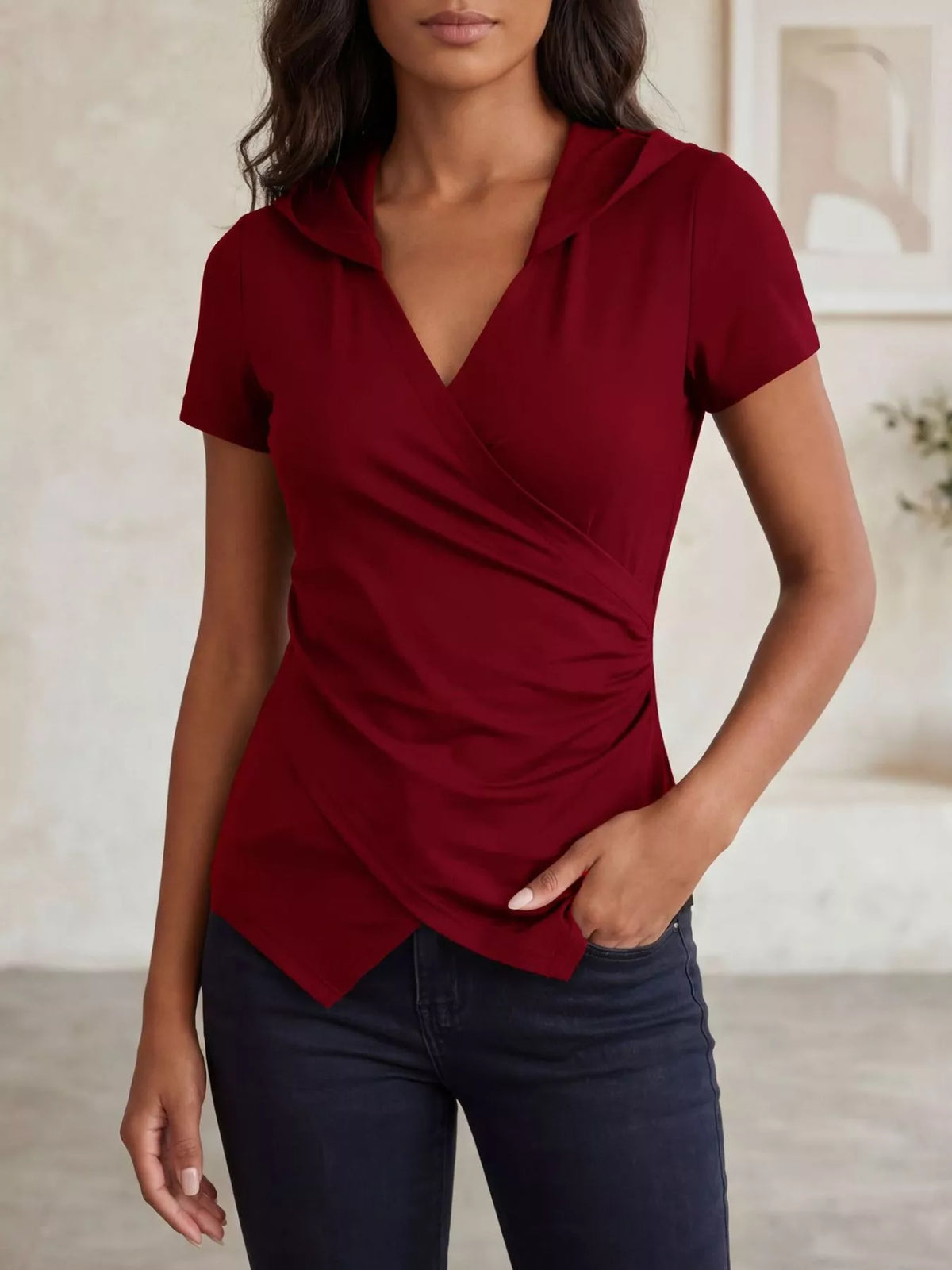 Hooded wrap front slim fit top, on model