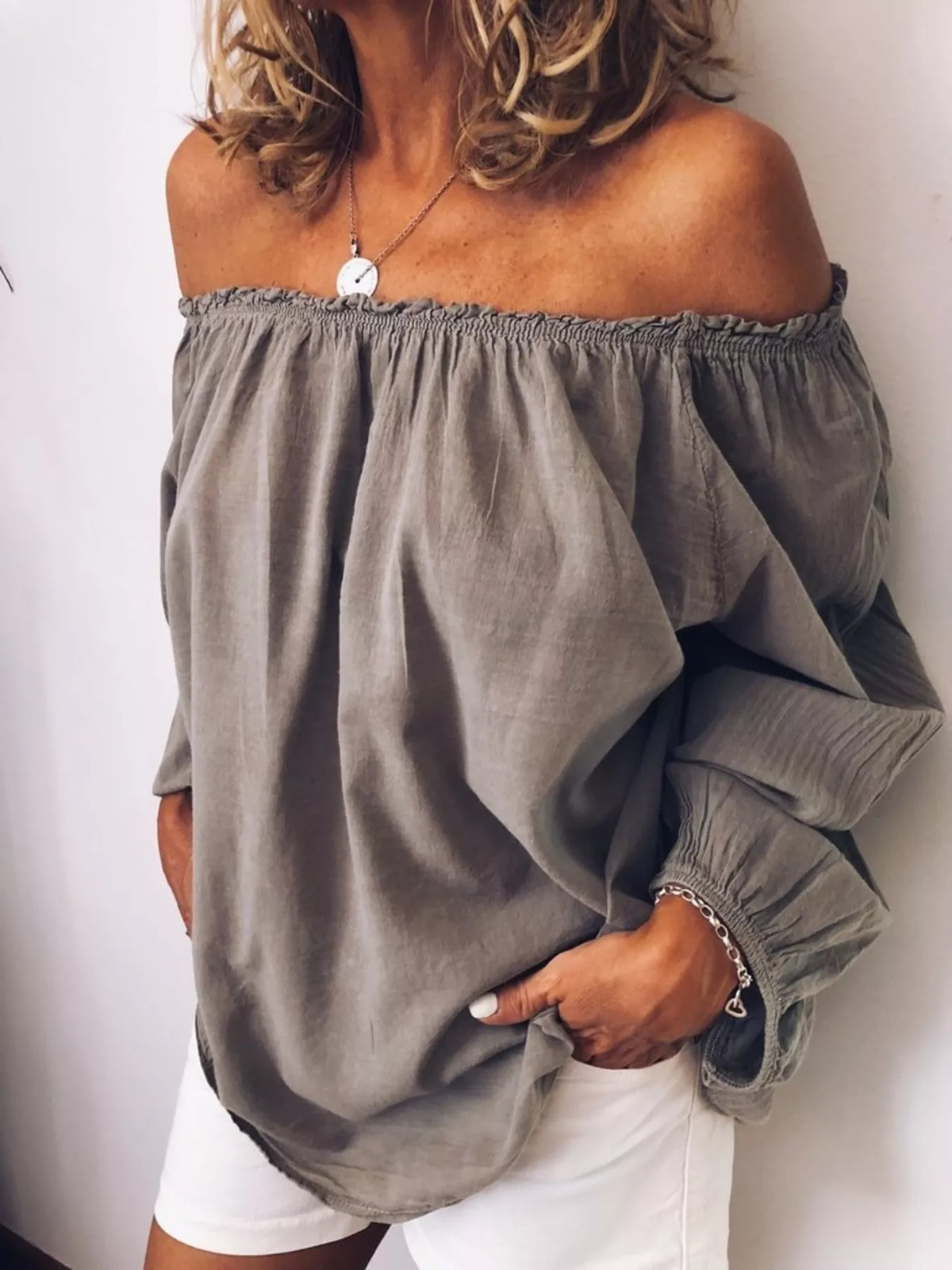 off shoulder frill trim blouse front view