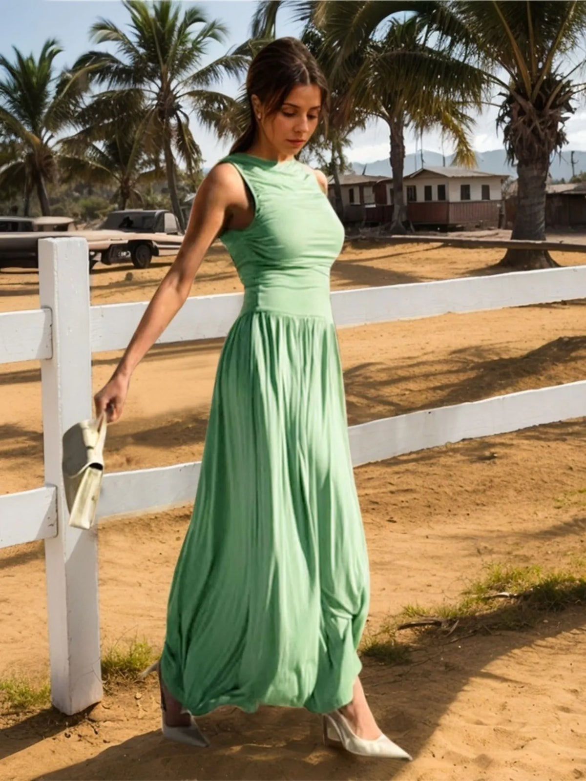 mint green ruched sleeveless maxi dress detail view