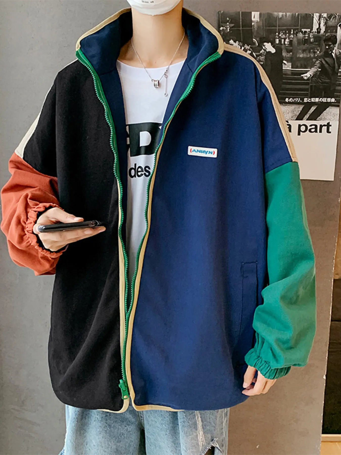 Men's Color Block Zip Up Jacket Navy - Fashorio