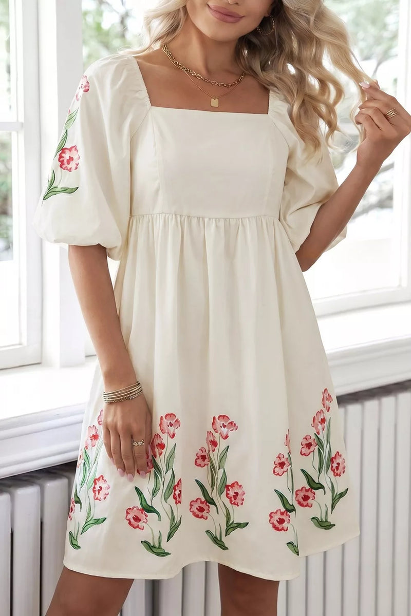White floral puff sleeve babydoll dress front view