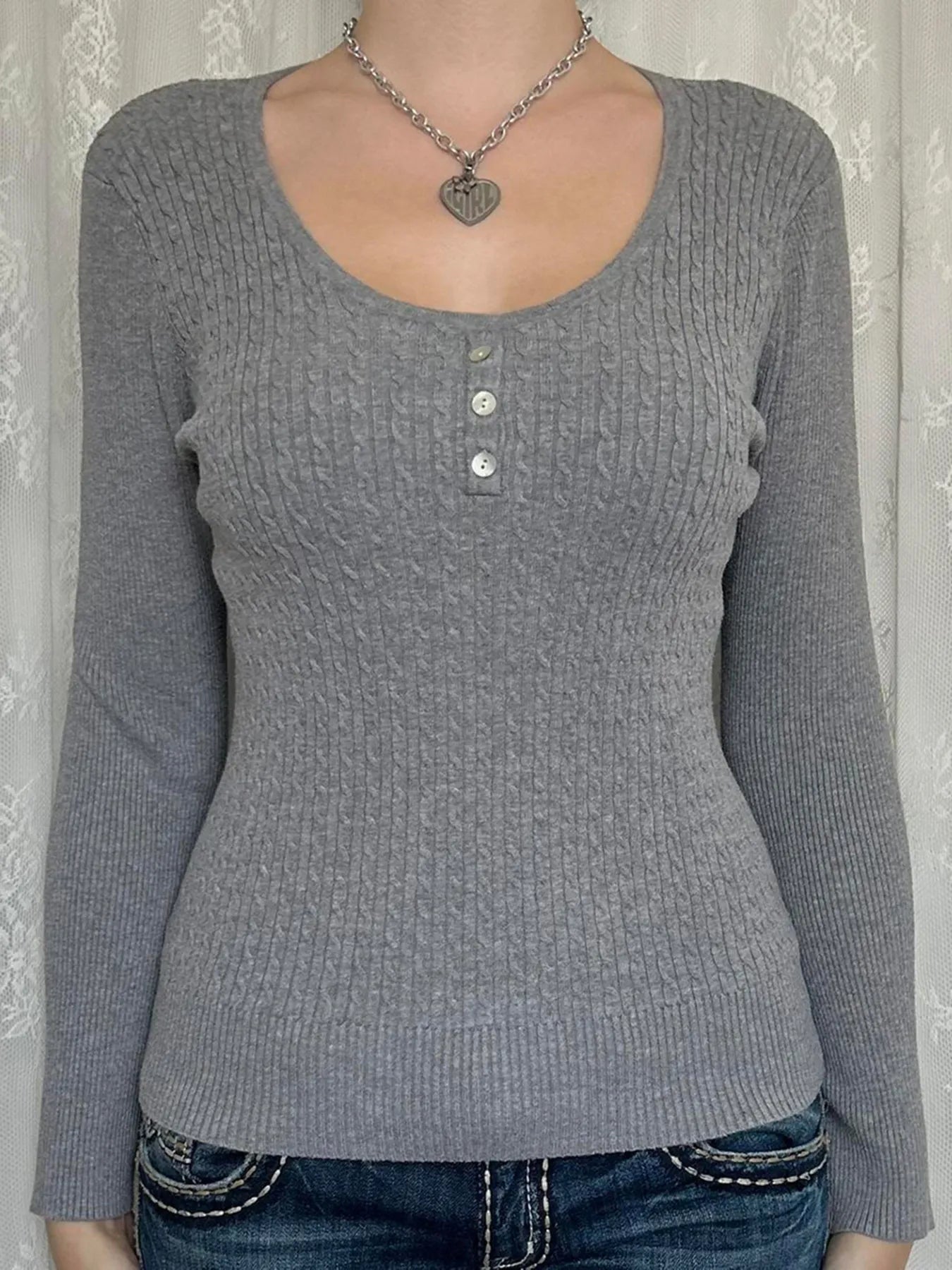 Button Detail Long Sleeve Cable Knit Top - Fashorio