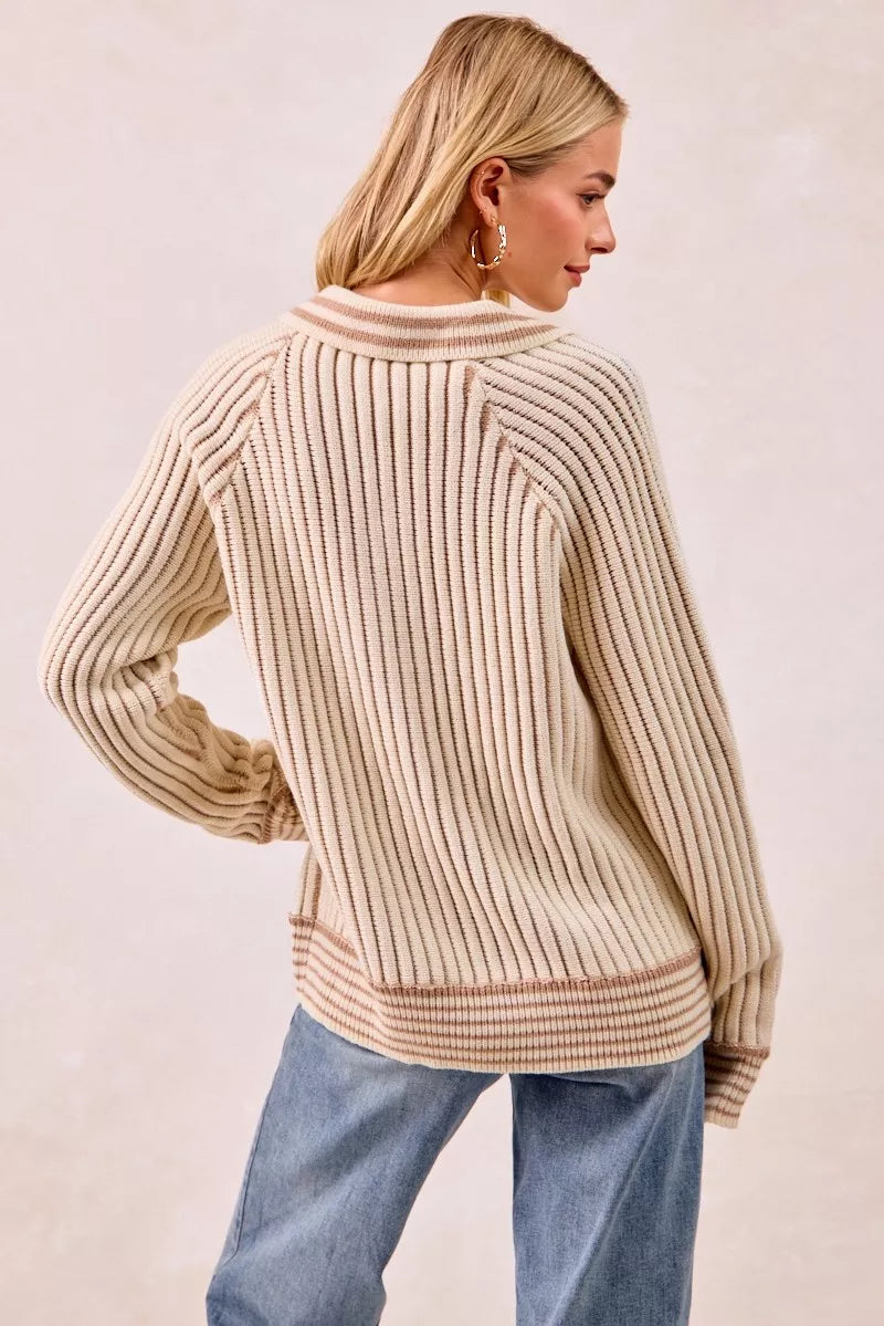 Half Button Ribbed Two Tone Sweater in Cream and Latte view 17