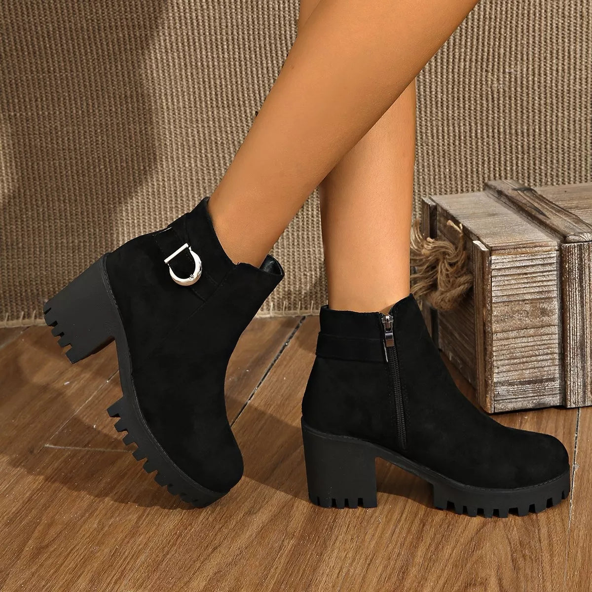 Suede round toe block heel boots side profile