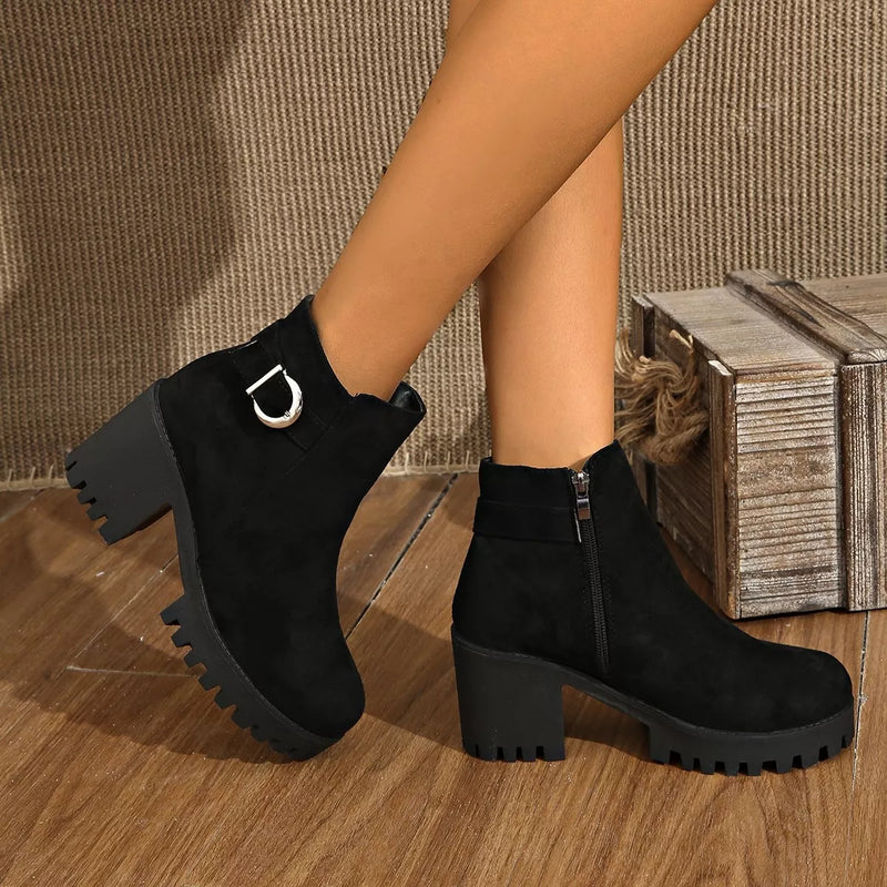 Suede round toe block heel boots side profile
