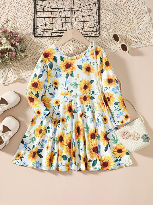 Kids Sunflower Print Round Neck Long Sleeve Dress Floral - Fashorio