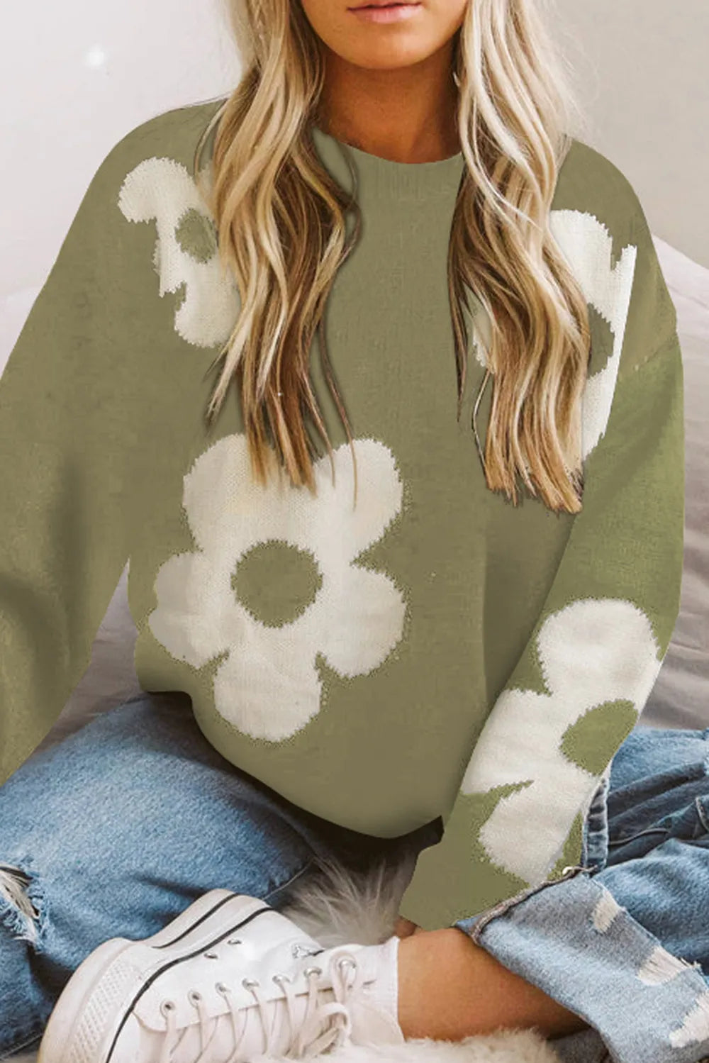 Round Neck Floral Pattern Color Contrast Design Long Sleeve Sweater Sage - Fashorio
