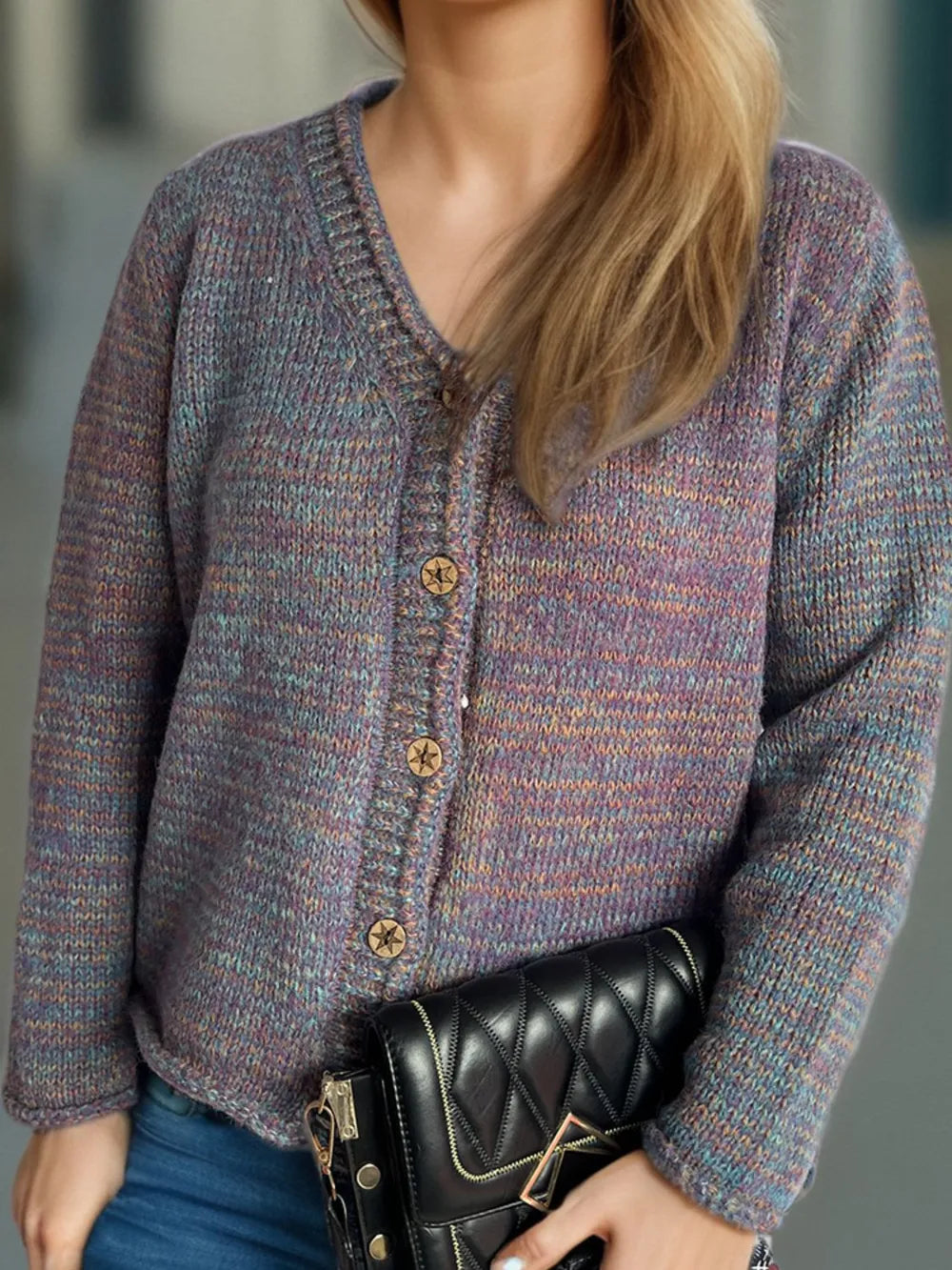 Heathered V-Neck Long Sleeve Cardigan - Fashorio