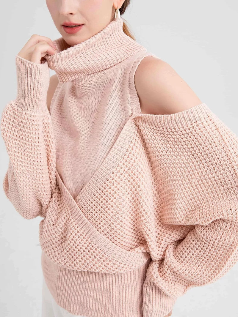 waffle knit cold shoulder turtleneck sweater front view