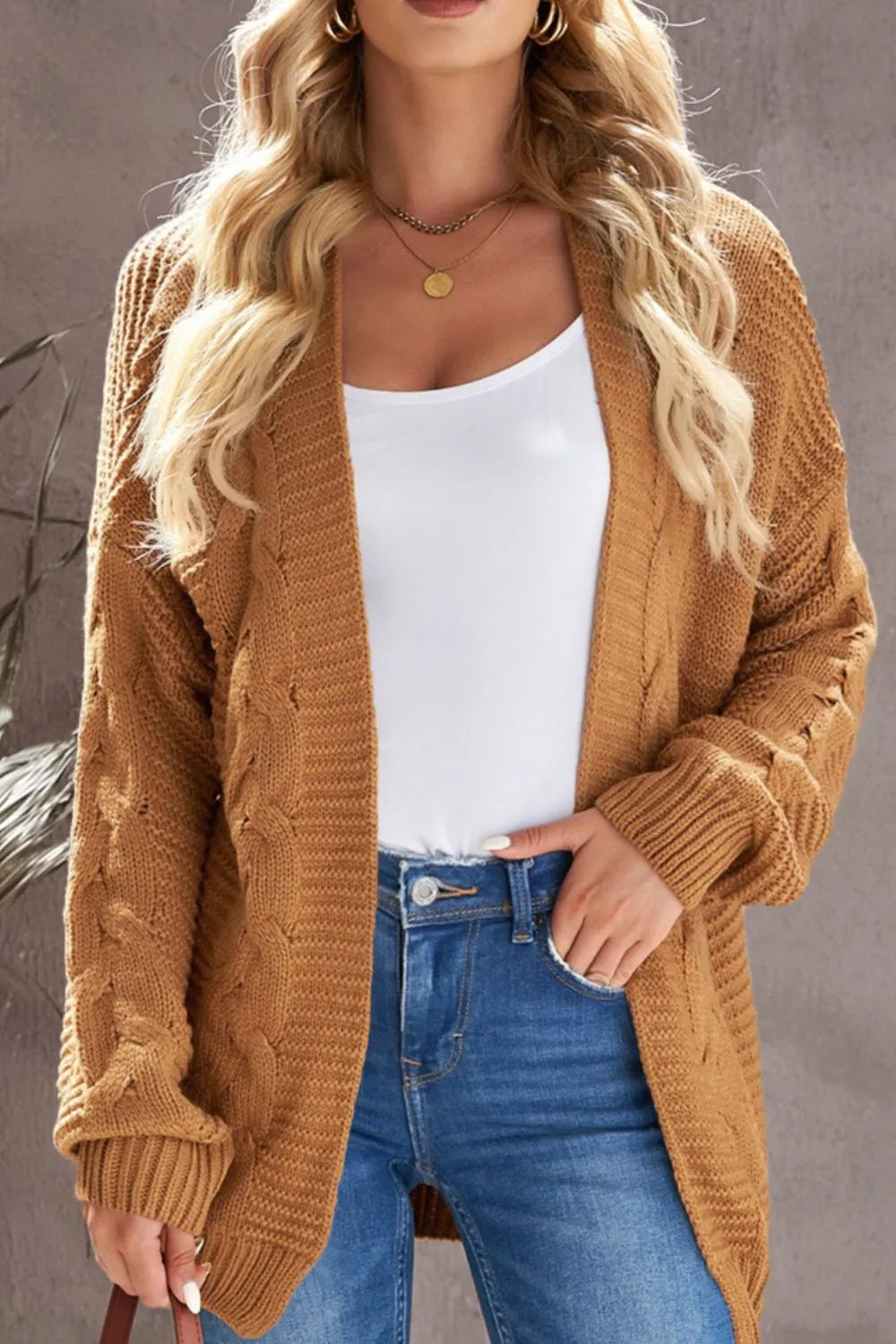 Cable-Knit Open Front Cardigan - Fashorio