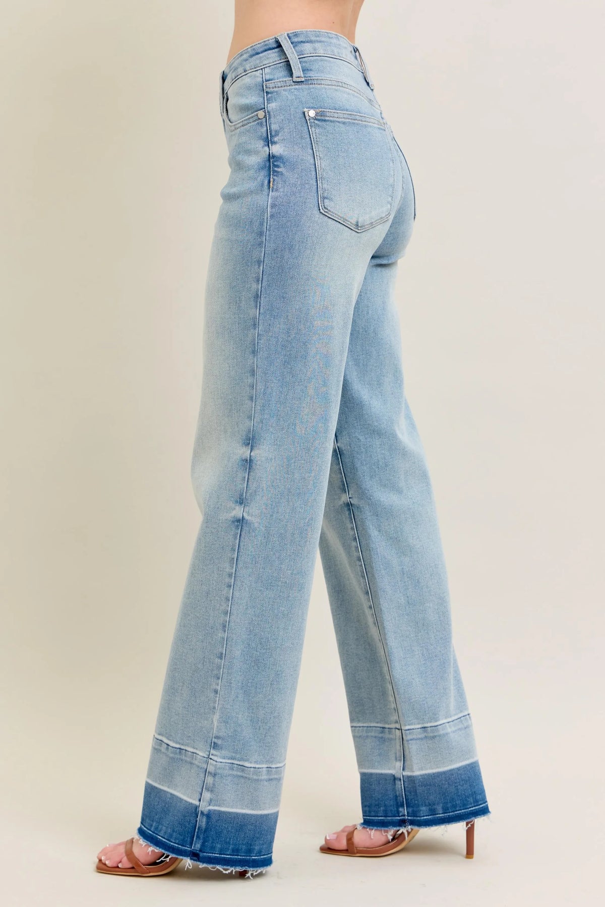 Released raw hem detail on wide leg denim