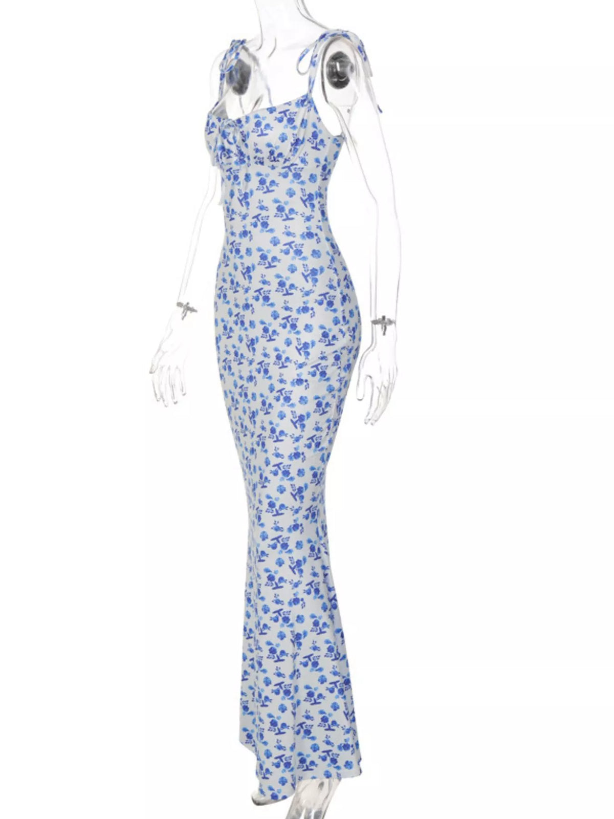 Floral tie strap bodycon maxi dress back detail