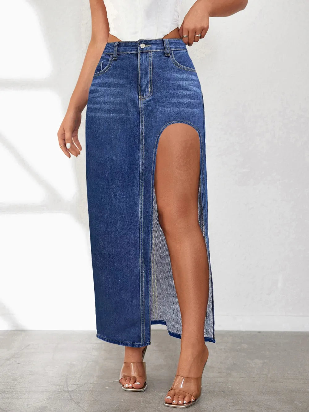 Light wash denim skirt detail