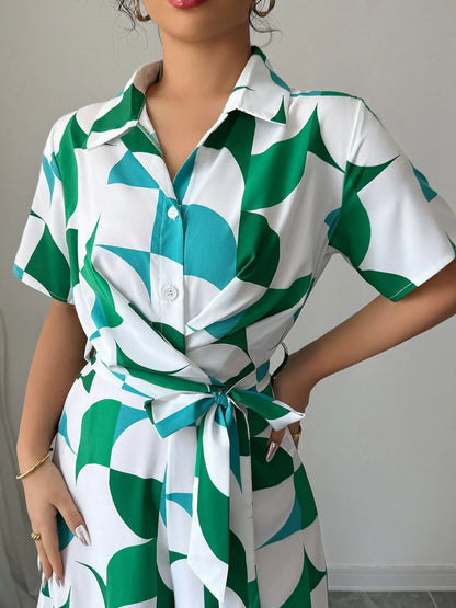 Printed Wide Leg Belted Jumpsuit - Fashorio
