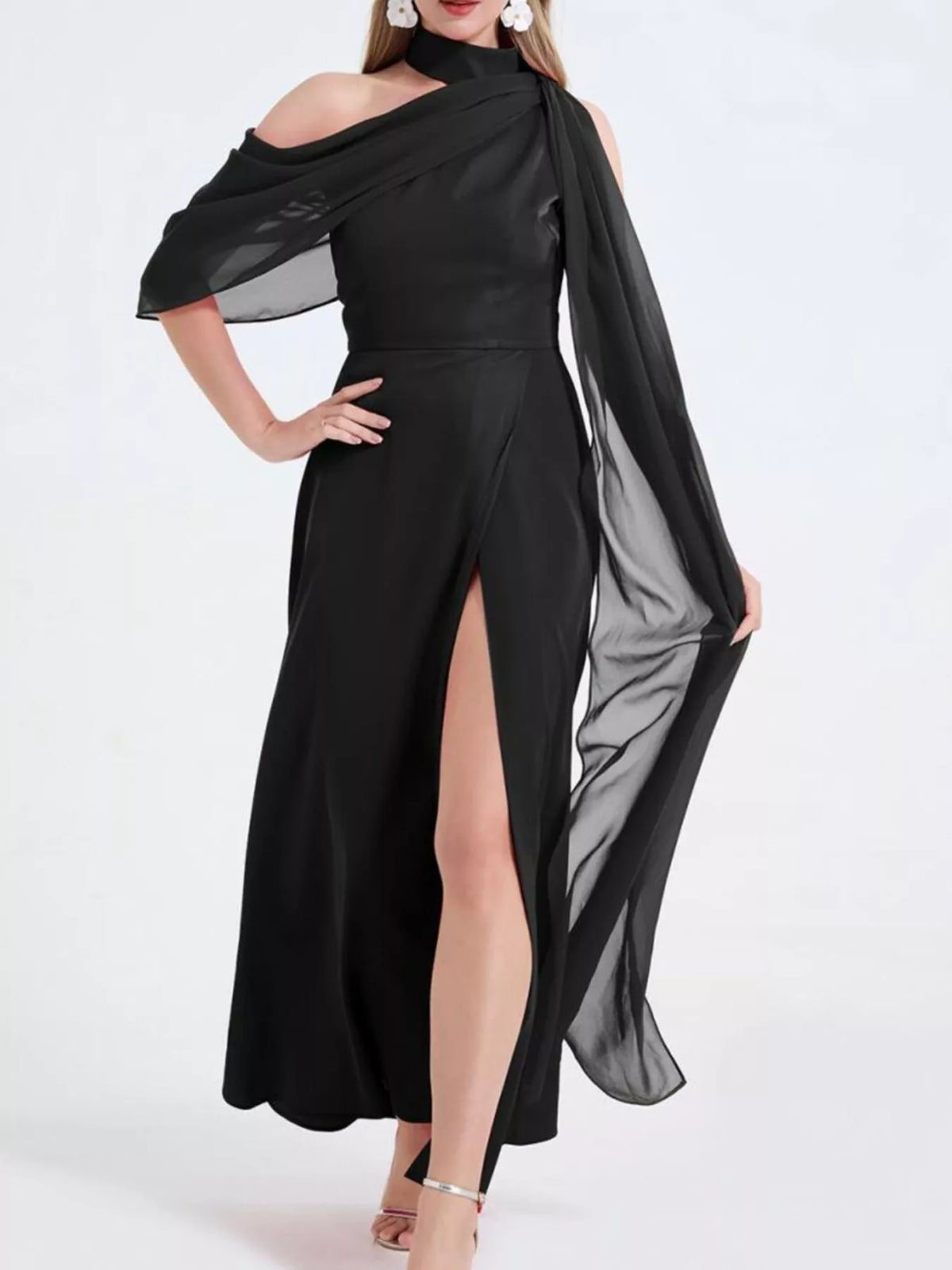 High slit formal gown movement shot