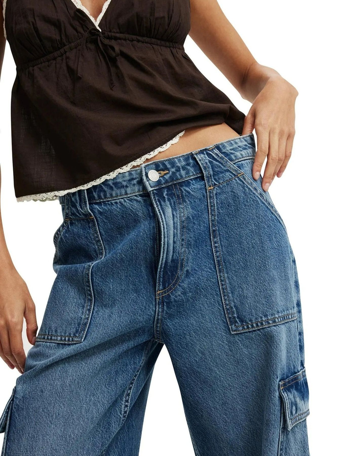 Blue wide leg cargo denim side view