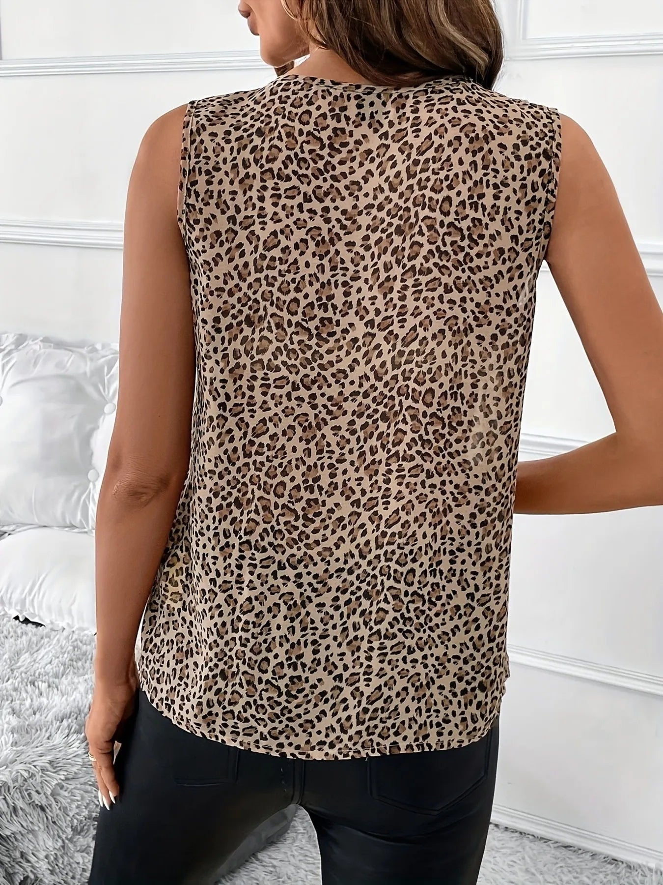Leopard Print V-Neck Ruffle Tank Top - Fashorio