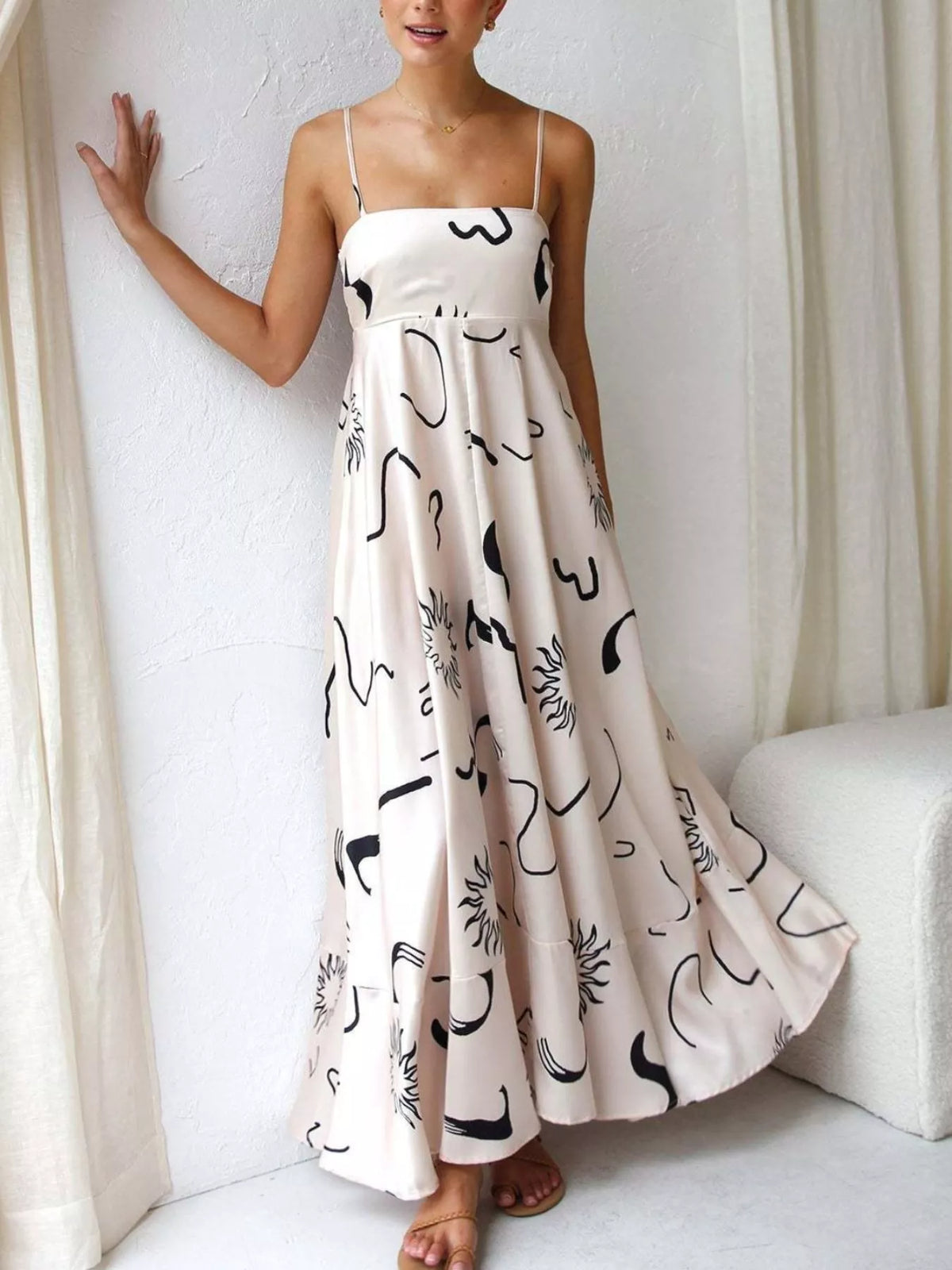 printed spaghetti strap maxi dress styled look
