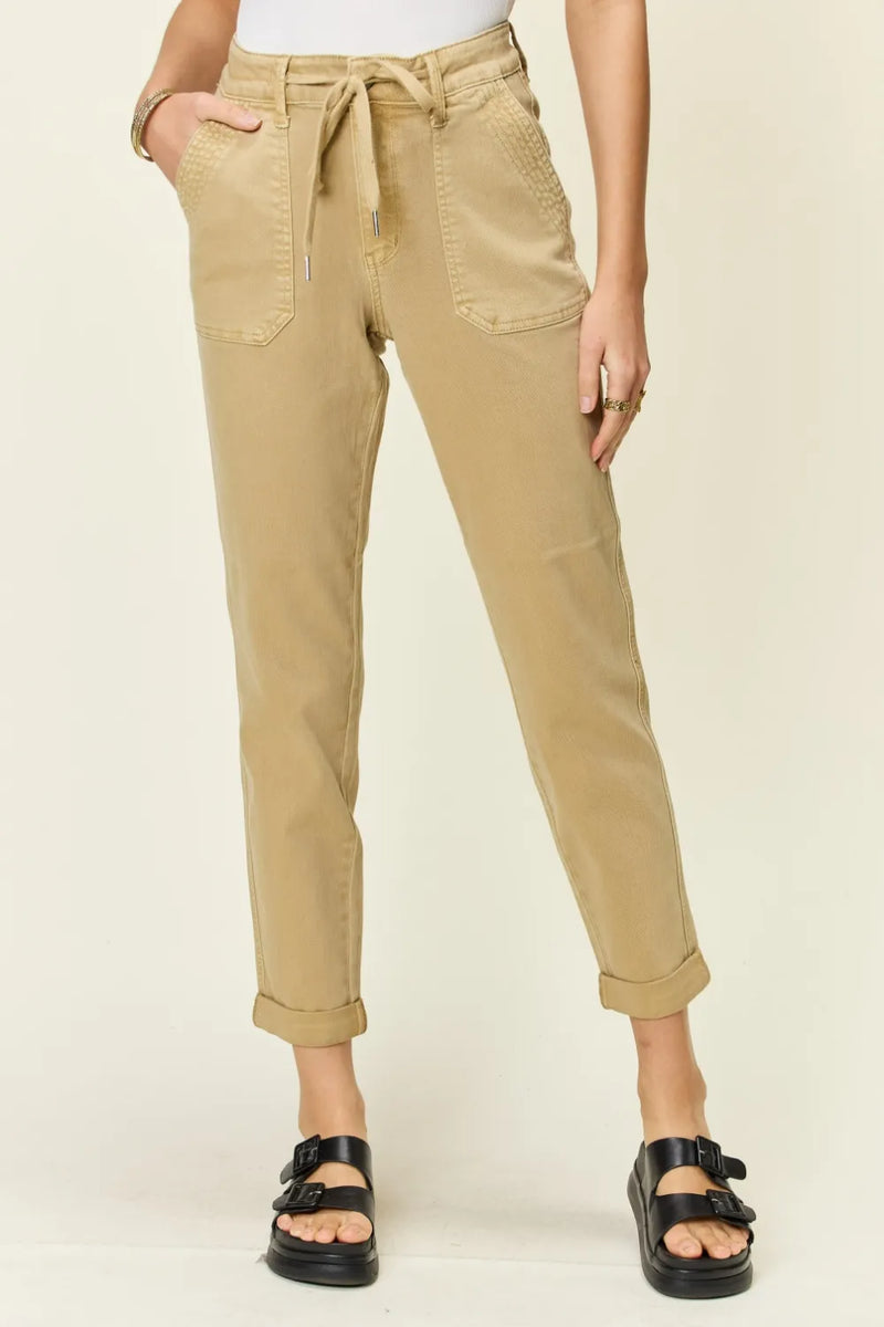 High waist denim jogger jeans front view