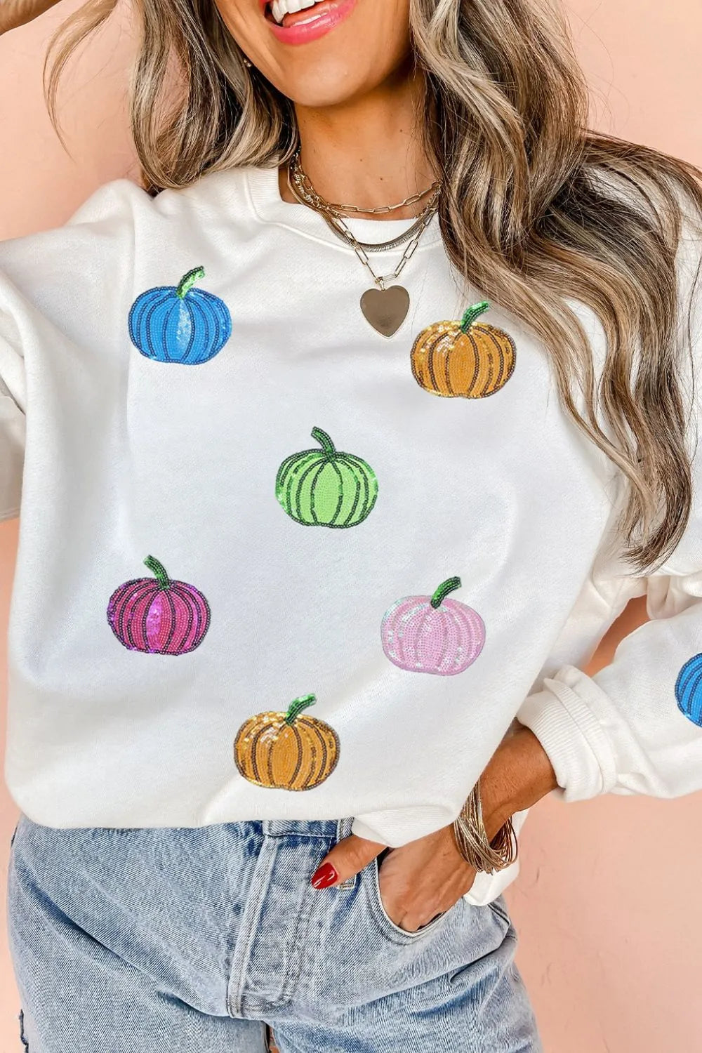 Pumpkin Round Neck Long Sleeve Sweatshirt - Fashorio