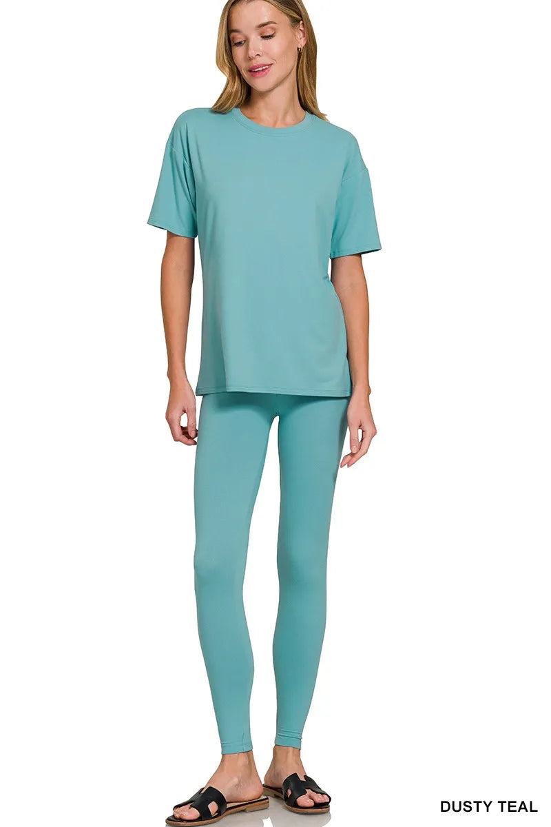 Microfiber short sleeve top and pants set in dusty teal front view