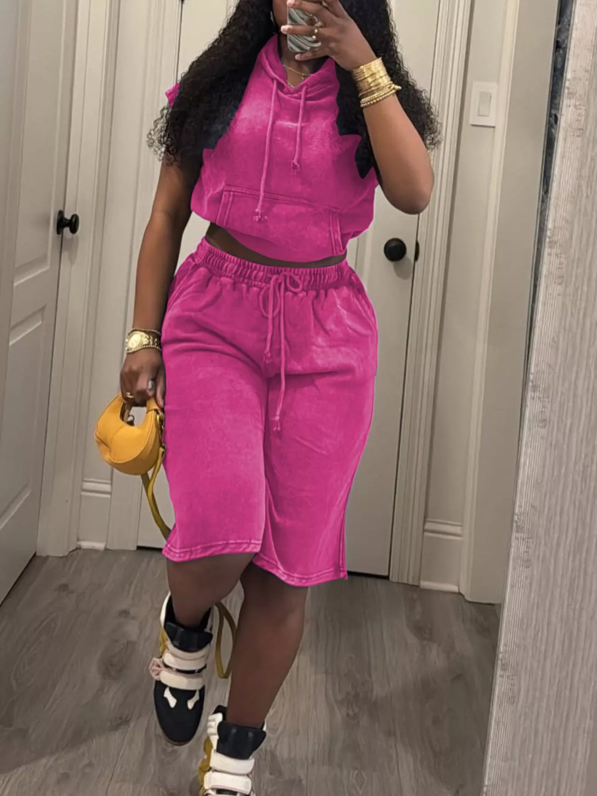 Hooded crop top and shorts two piece set front view